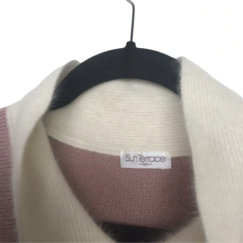 Sun Terrace Pink Ivory Vertical Striped Tie Neck Sweater